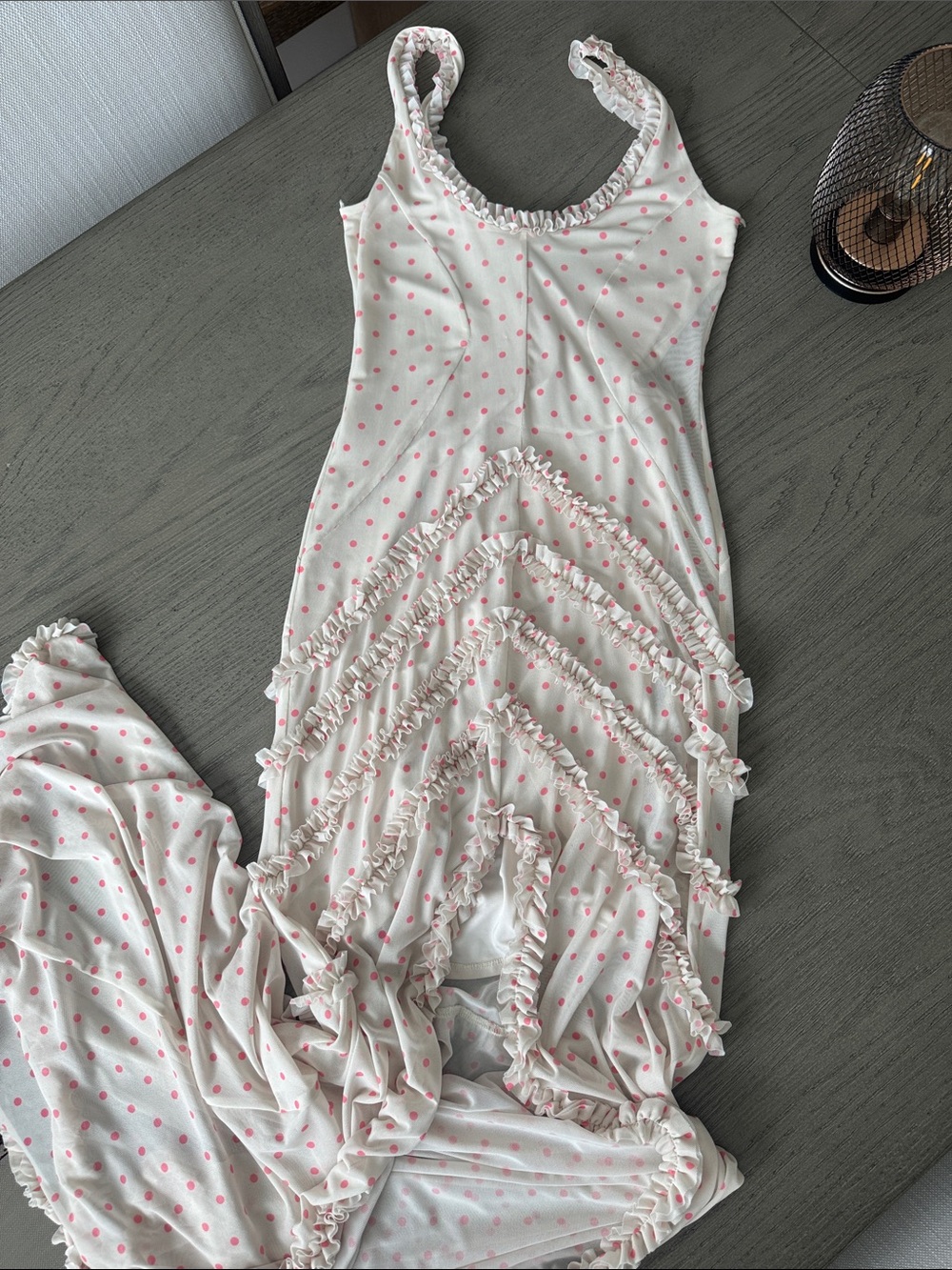 AFRM Landa Polka Dot Mesh Ruffle-Trim Maxi Dress S/P - Picture 6 of 10